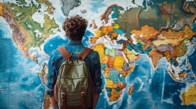 A student standing in front of a world map